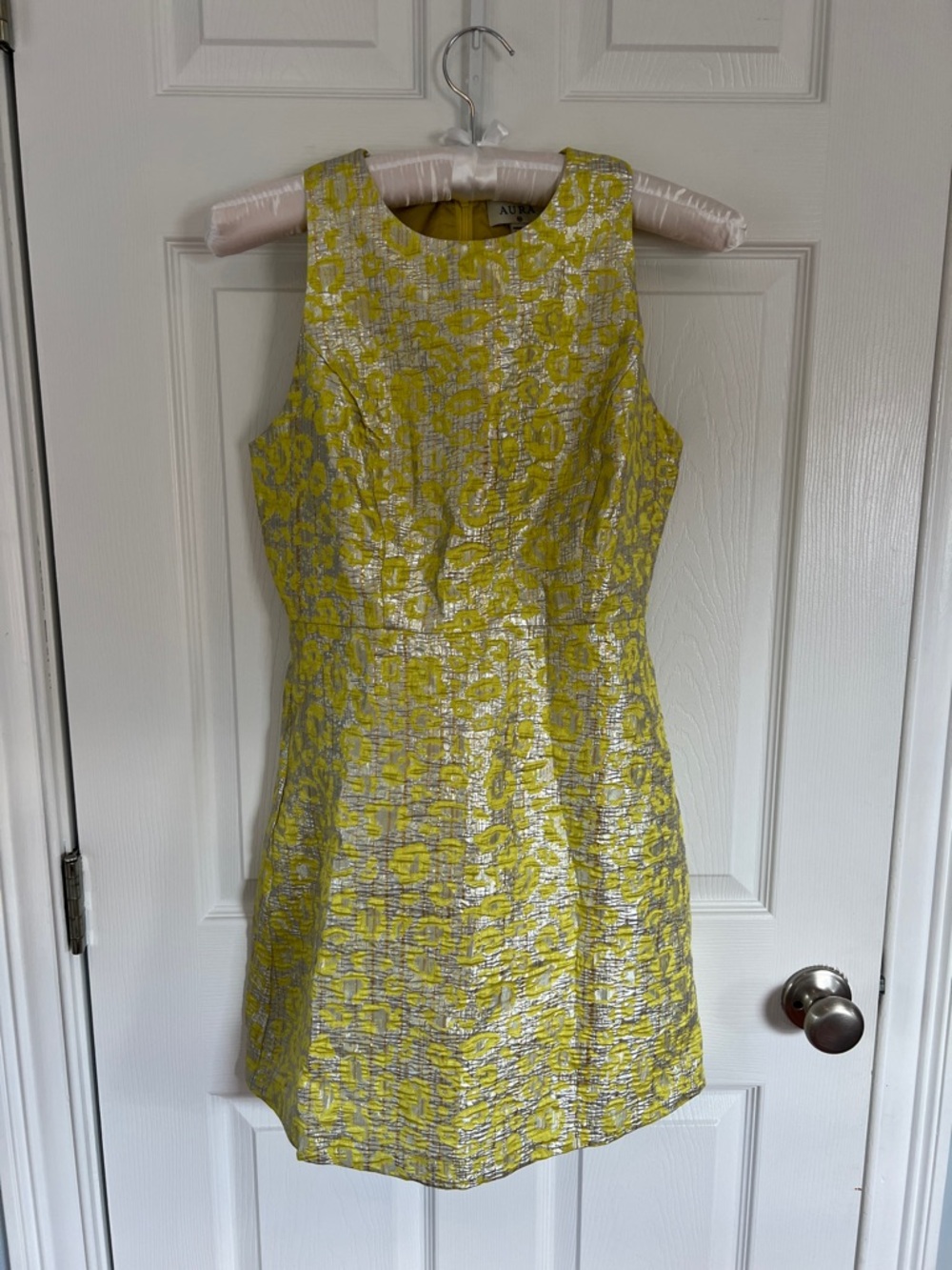 Aura Yellow and Silver Metallic Brocade Mini Dress - Picture 2 of 6